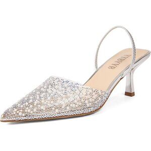 Women's Kitten Rhinestone Pointed Toe Pumps Slingback Silver Heels Dress Shoes